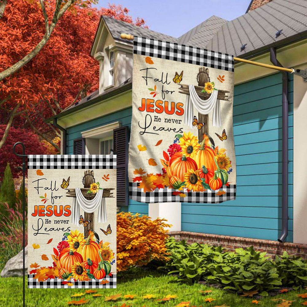 Fall Decorative Flag "Fall for Jesus He Never Leaves" Double-Sided Canvas