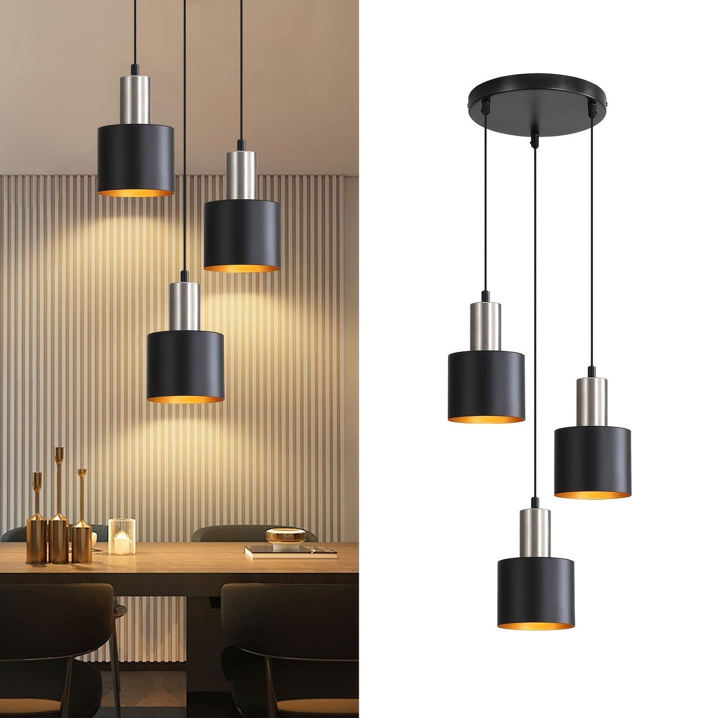 Black and Gold Industrial Pendant Light with Adjustable Height