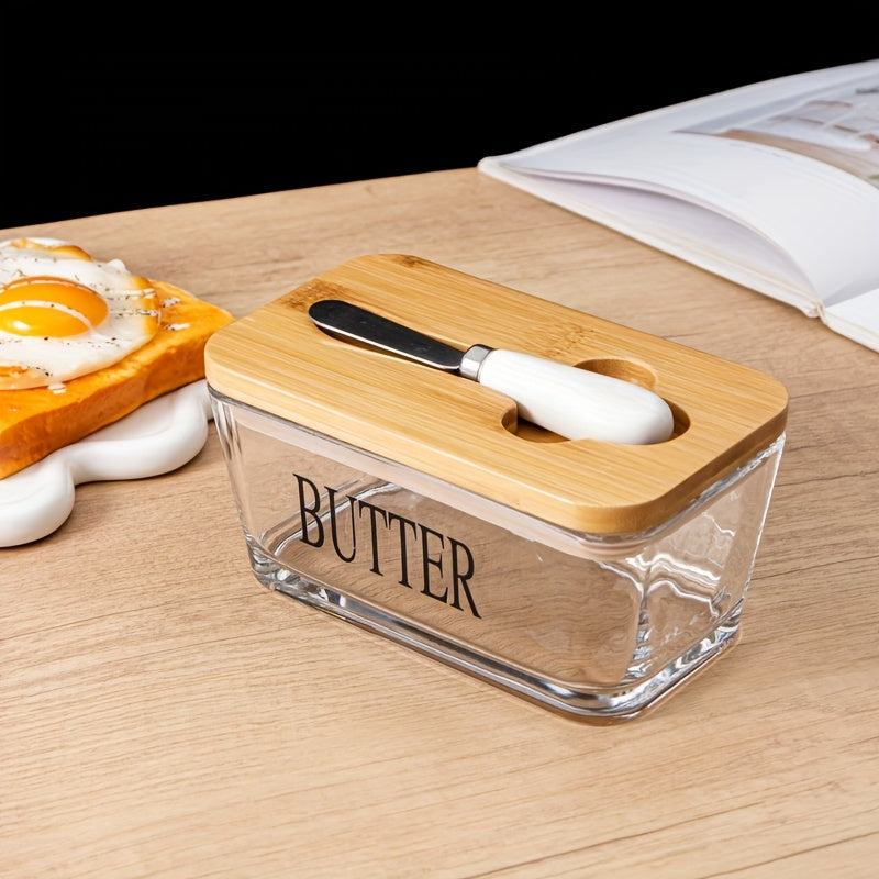 Acacia Wood Lid Glass Butter Dish with Spreader