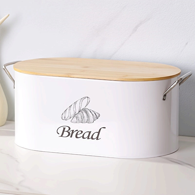 White Oval Bread Box with Bamboo Cutting Board Lid