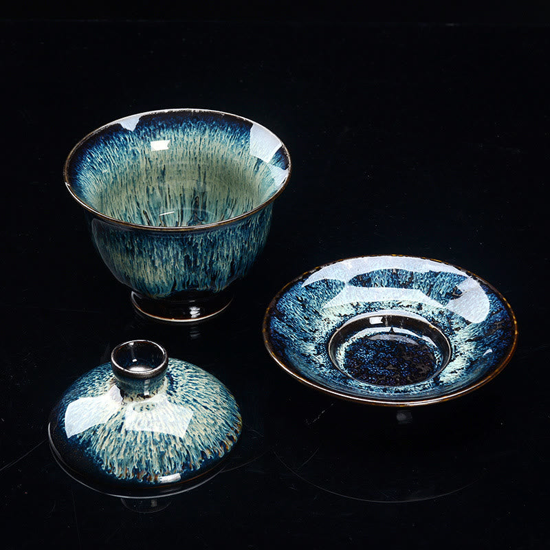 Vintage Ceramic Gaiwan Tea Cup and Saucer Set with Lid