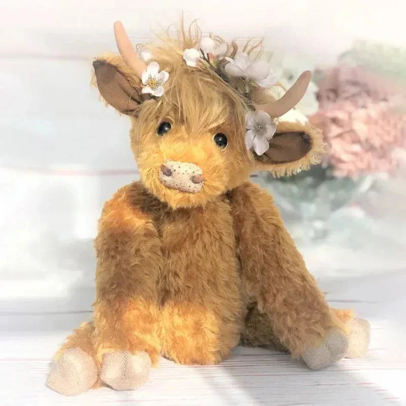White Highland Cow Plush Toy with Floral Headband