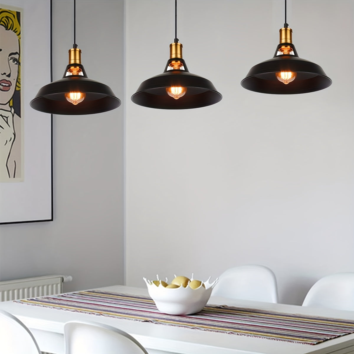Industrial Black Metal Pendant Light Set with Brass Accents - 3-Piece