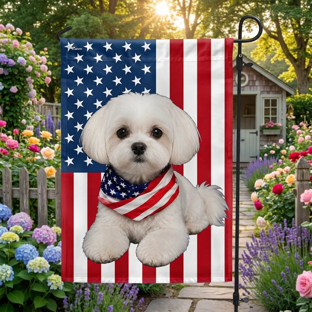 White Maltese Dog American Garden Flag, Double-Sided Patriotic Decor