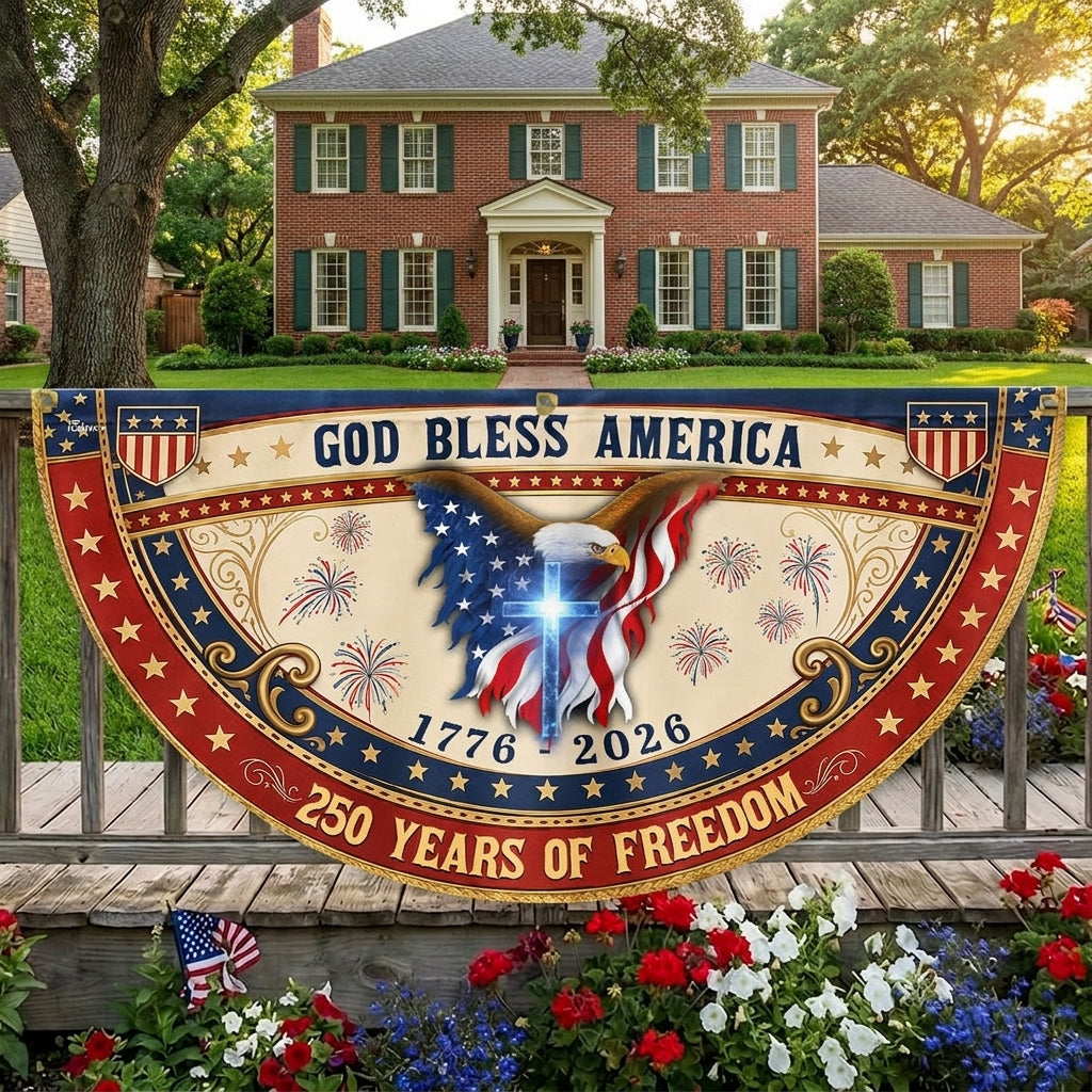 God Bless America Eagle Cross Fan Flag - 250 Years Patriotic Canvas Decor