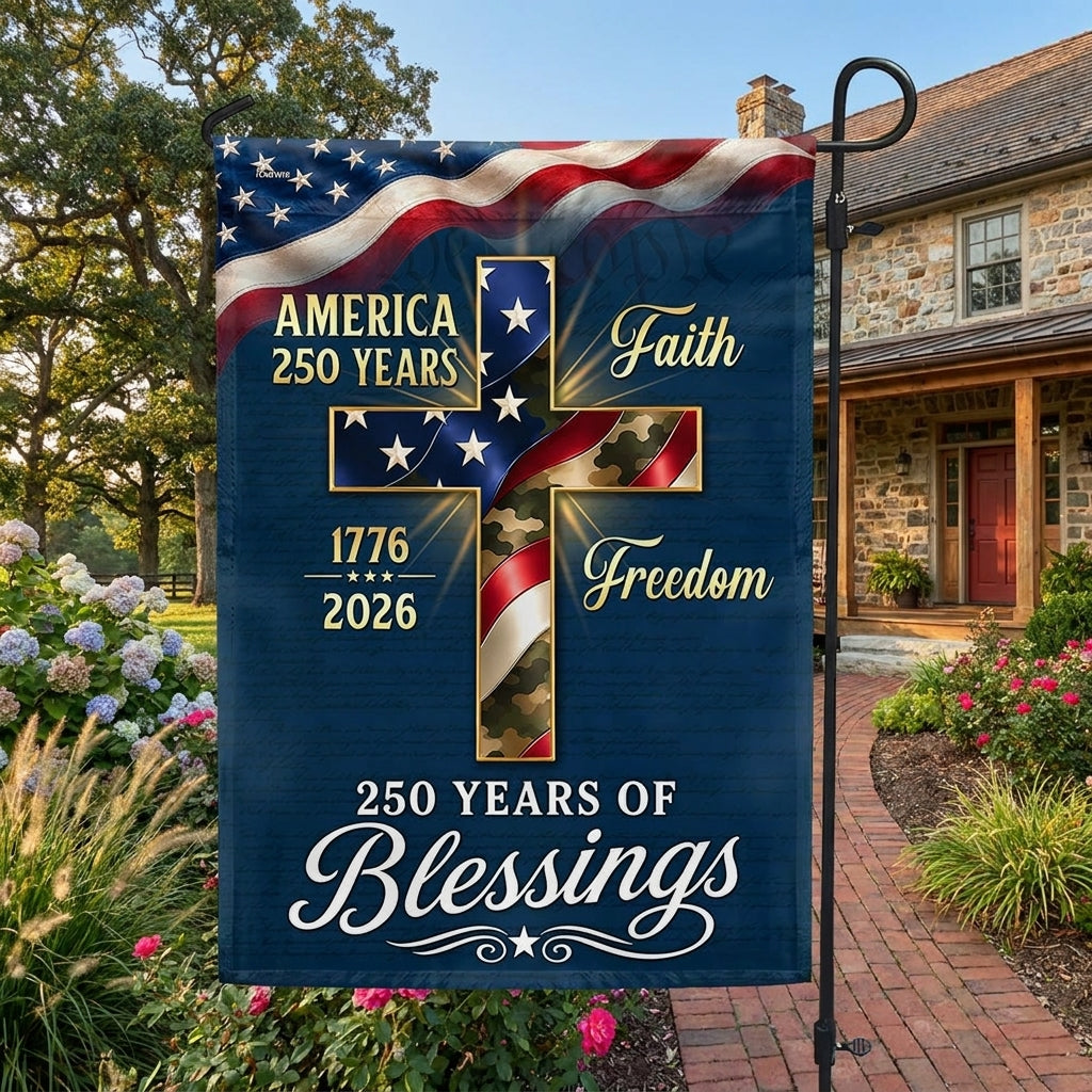 Double-Sided 250 Years of Blessings Christian Cross US Flag
