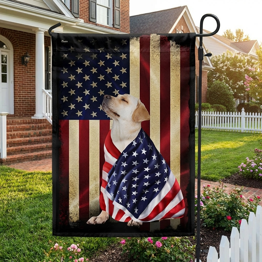 Double-Sided Yellow Labrador Retriever Flag with American Patriot Design