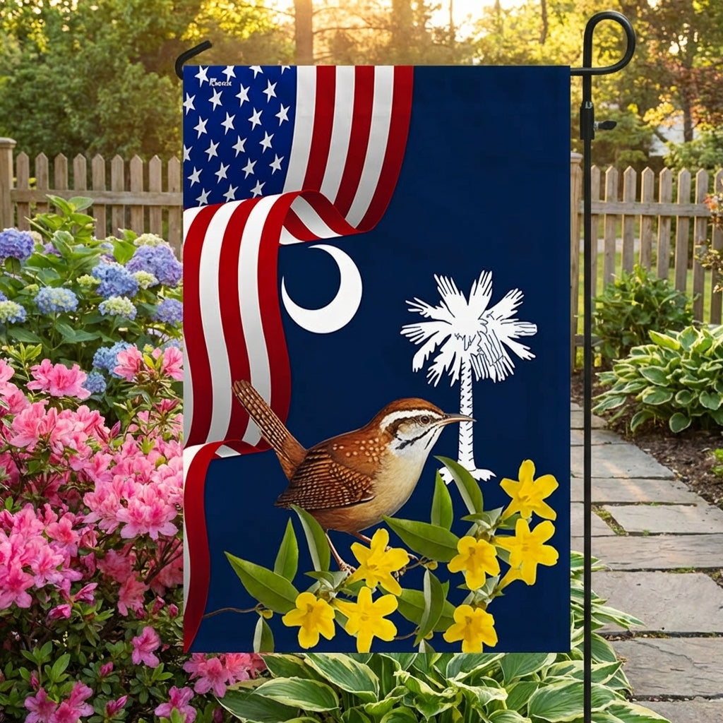 South Carolina Yellow Jessamine Flower and Carolina Wren Double-Sided Flag