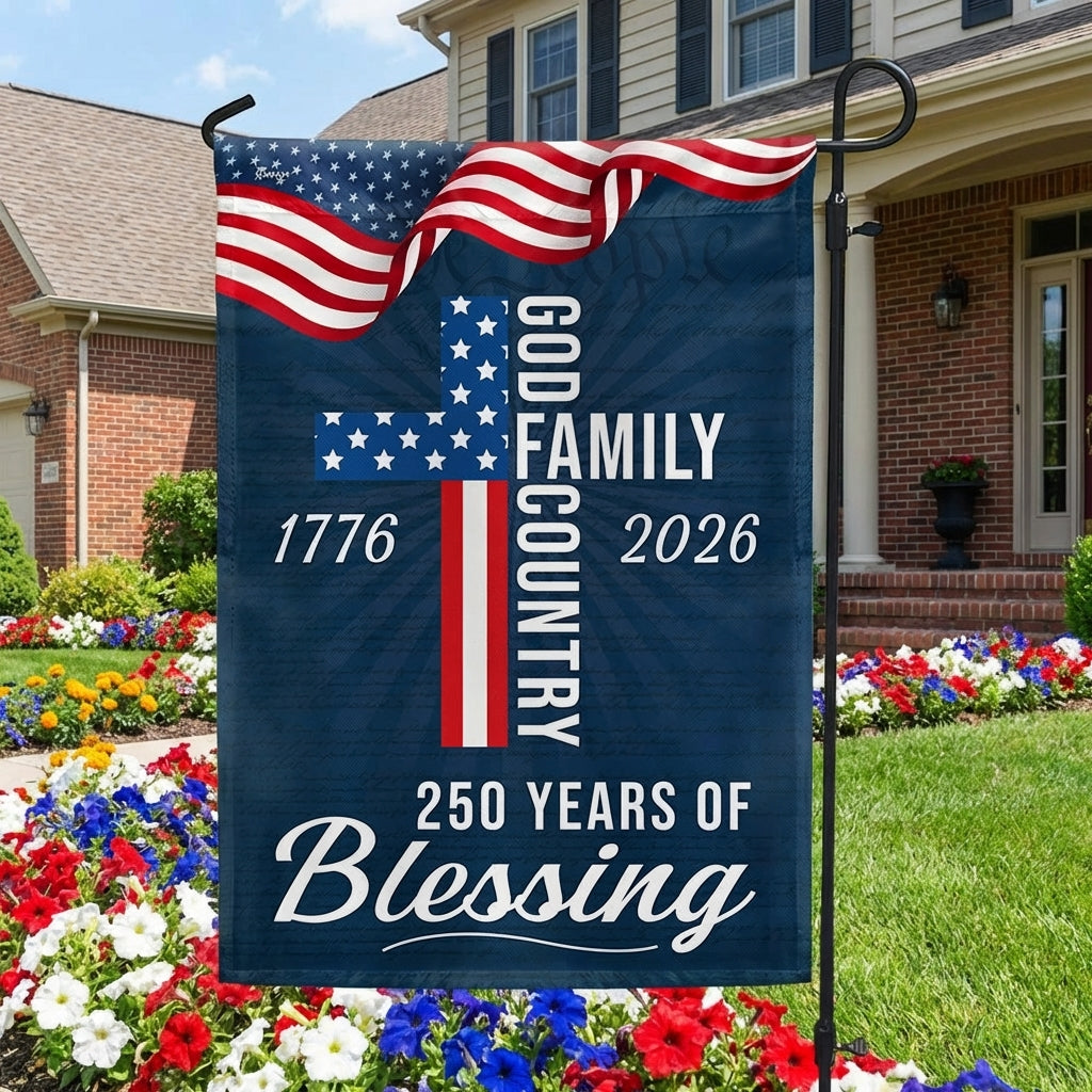 250 Years of Blessing God Patriotic Flag - Double-Sided Canvas, 3 Sizes Available