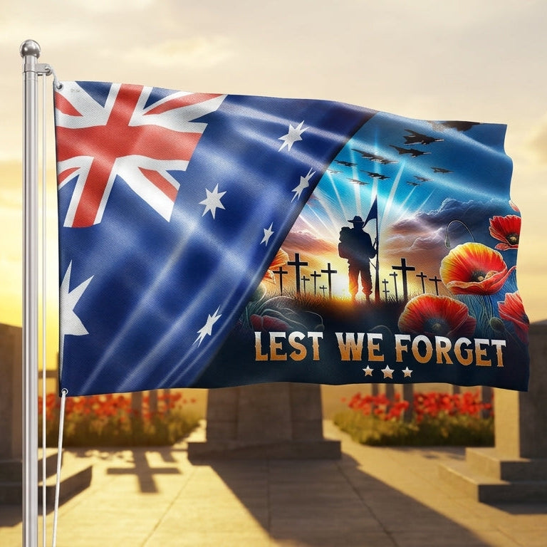 Lest We Forget Australia Flag for Anzac Day - Double-Sided Canvas with Grommets