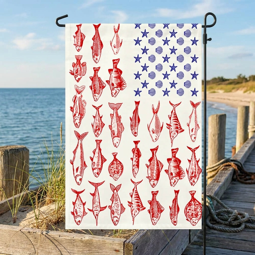 Fish & Sea Shells American Flag - Nautical Summer Decor for Independence Day