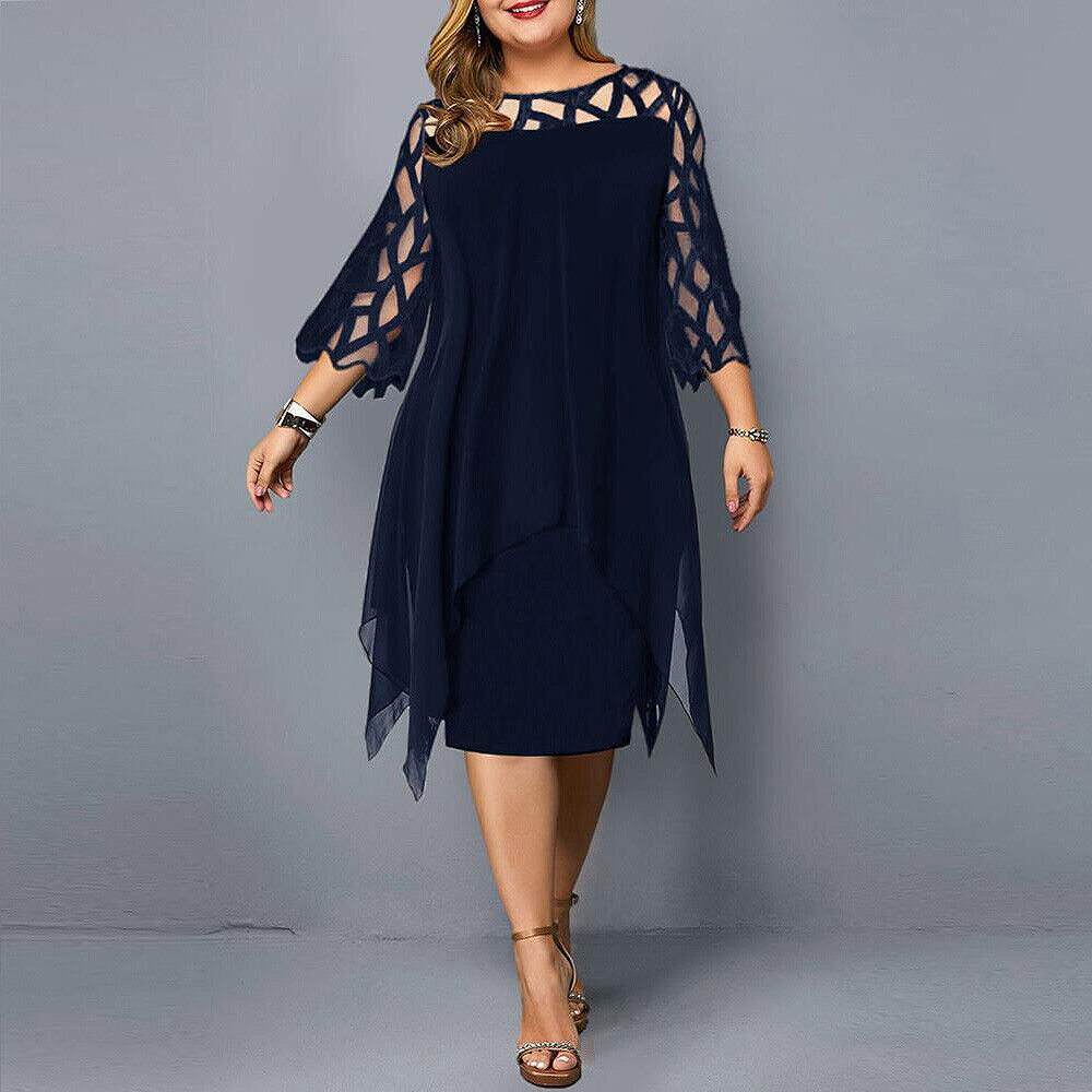 Plus Size Elegant Midi Dress with Lace Sleeves