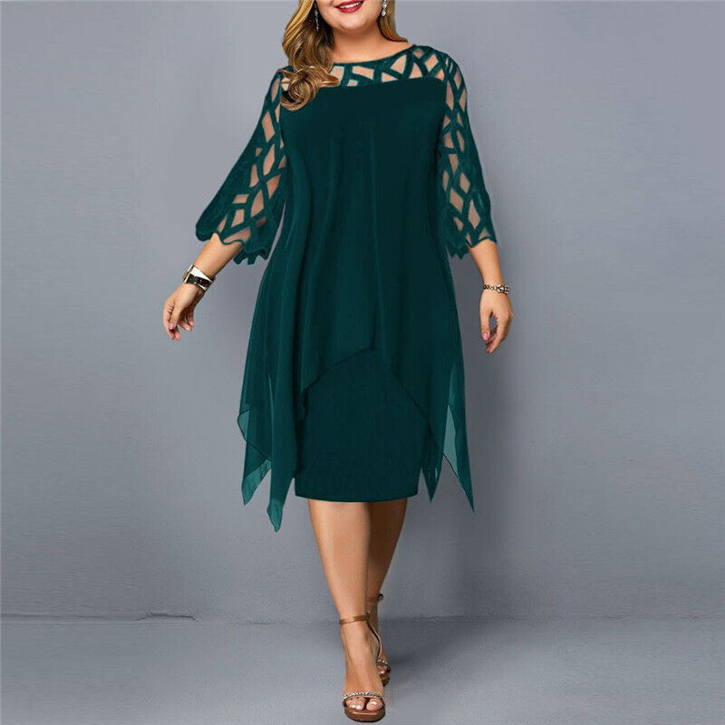 Plus Size Elegant Midi Dress with Lace Sleeves