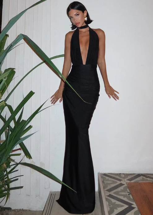 Deep V-Neck Open Back Evening Dress