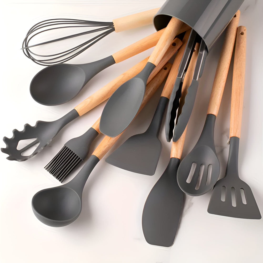 12-Piece Silicone Cooking Utensils Set with Bamboo Handles