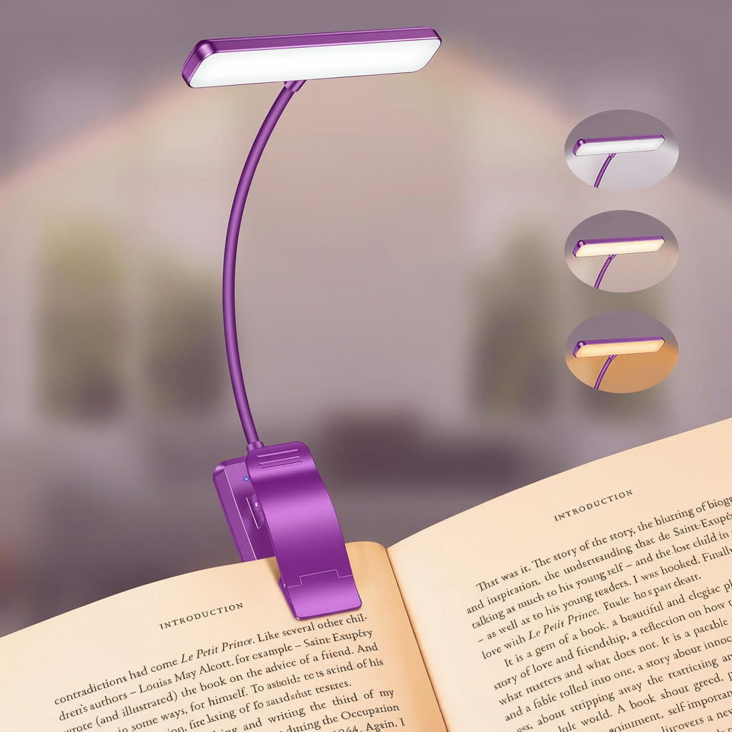 19 LED Rechargeable Clip-On Book Light with Adjustable Brightness and 3 Color Modes