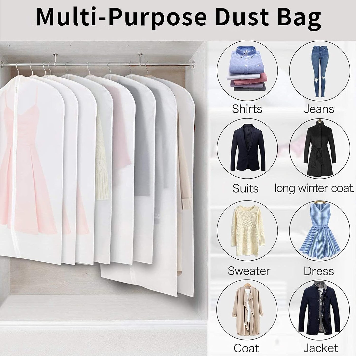 Clear PEVA Garment Storage Bags with Zipper – 12 Pack Dustproof Clothes Protectors