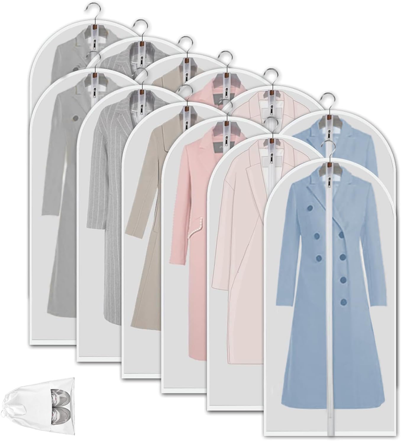 Clear PEVA Garment Storage Bags with Zipper – 12 Pack Dustproof Clothes Protectors