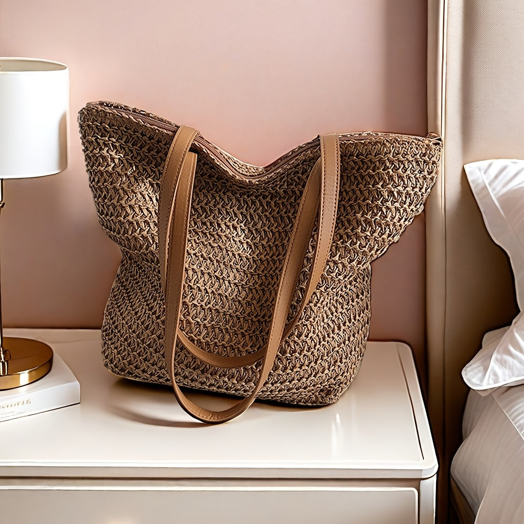 Spacious Woven Straw Beach Tote with Zipper Closure