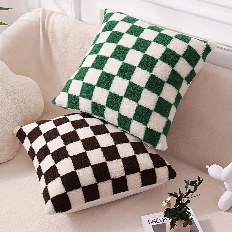 Checkerboard Faux Fur Pillowcase in Khaki and Coffee