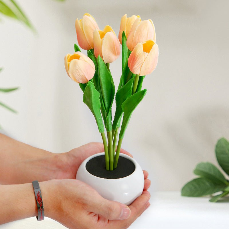 LED Tulip Table Lamp with Ceramic Base and Fabric Flower