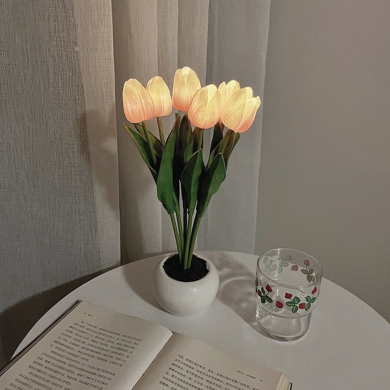 LED Tulip Table Lamp with Ceramic Base and Fabric Flower