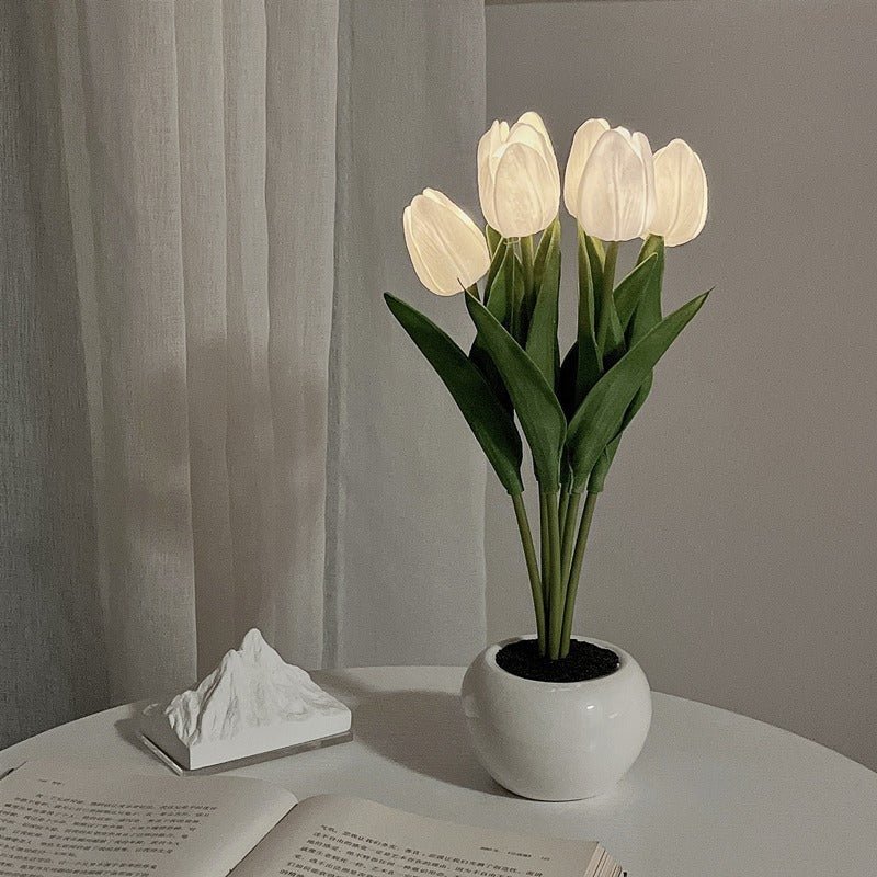 LED Tulip Table Lamp with Ceramic Base and Fabric Flower