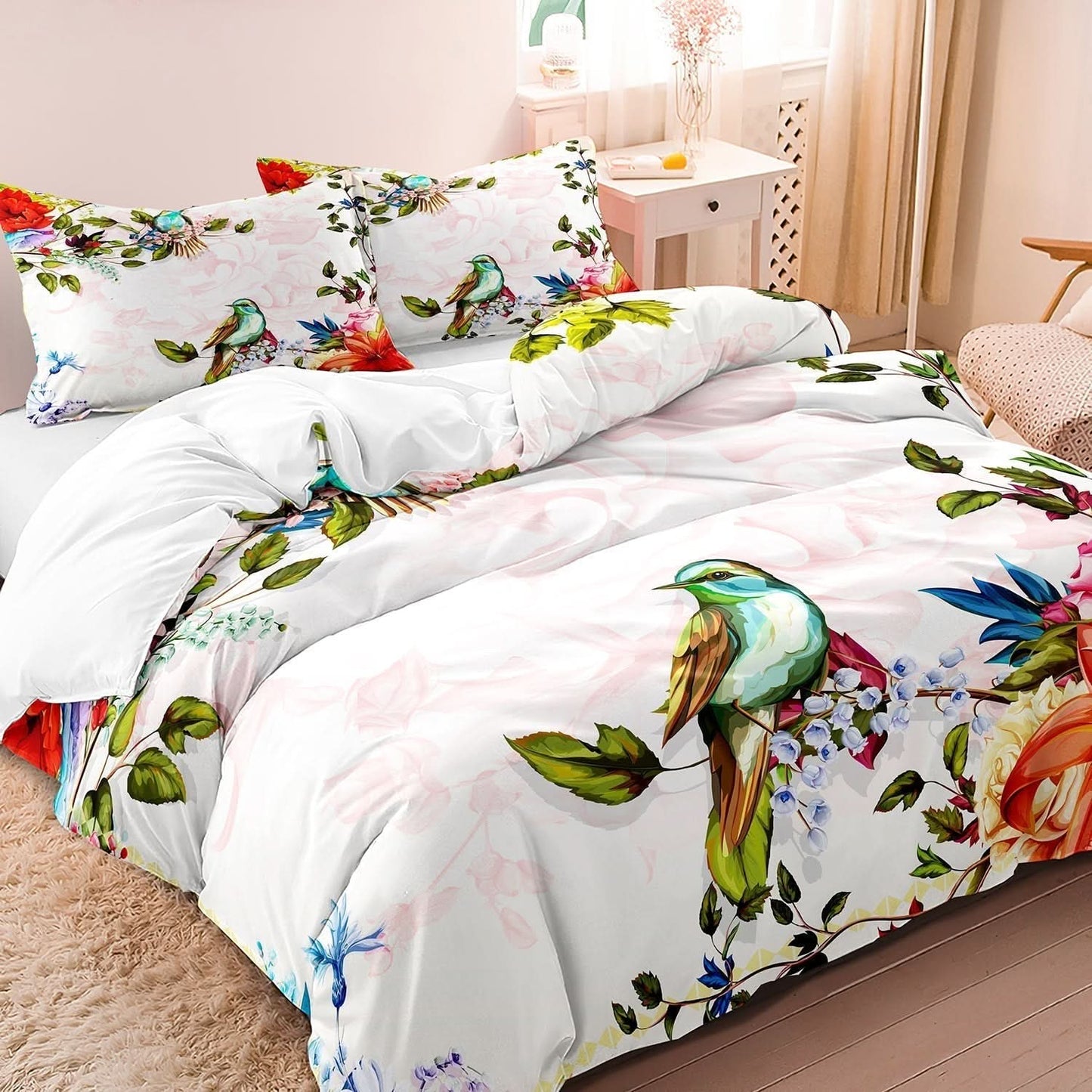Luxury Floral and Bird Cotton Duvet Cover Set