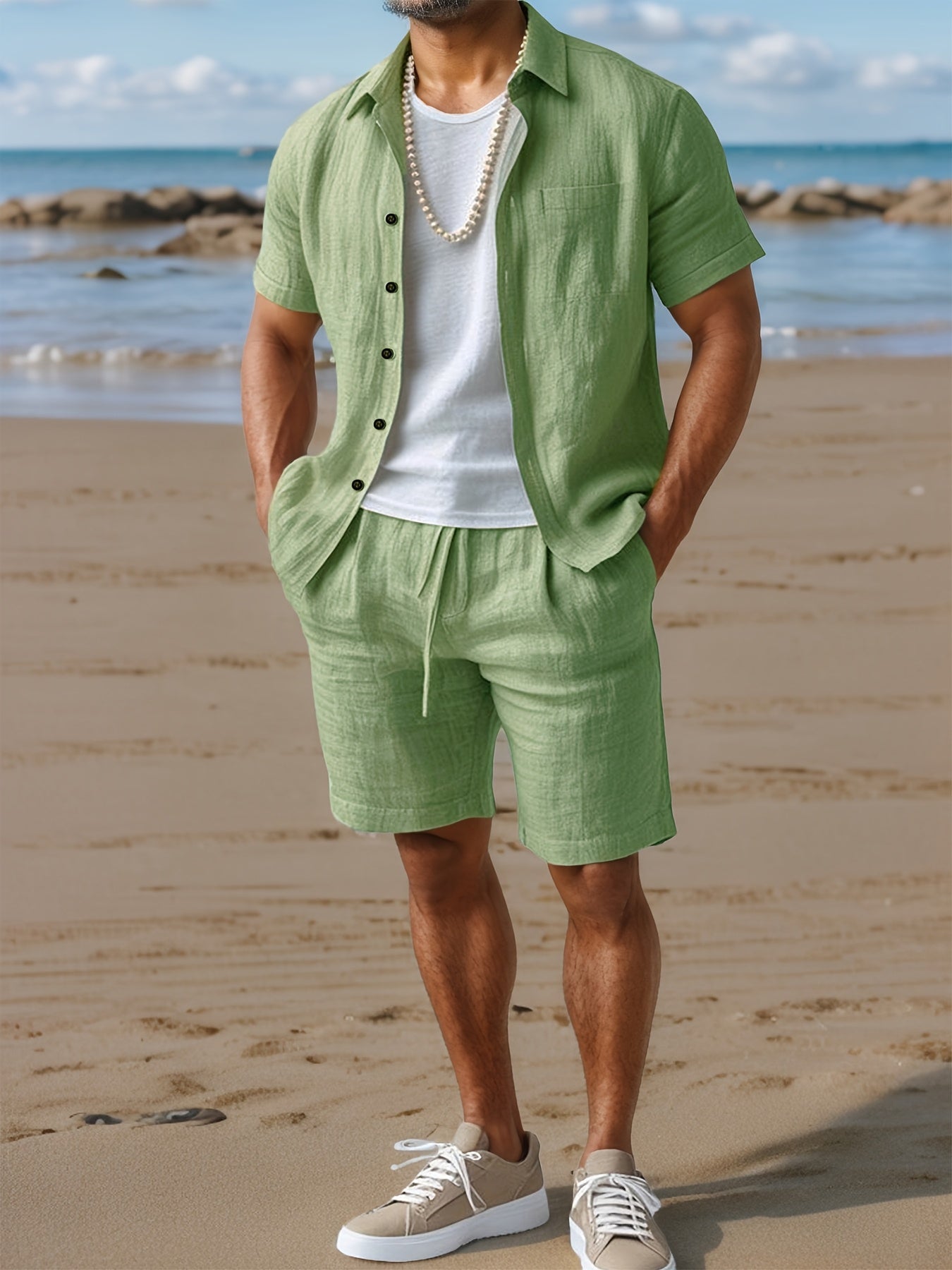 Linen Look Short Sleeve Summer Set for Men with Elastic Waist Shorts