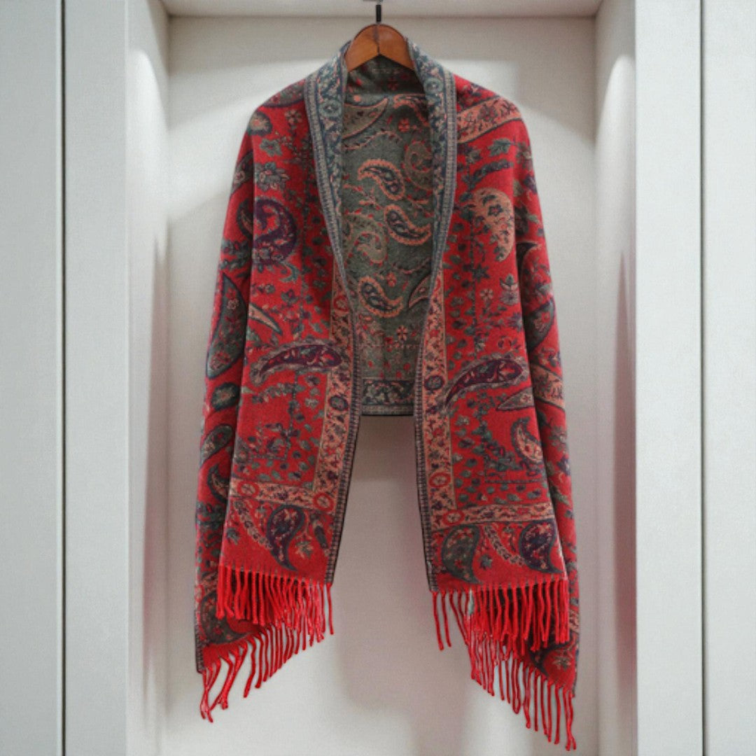 Double-Sided Paisley Poncho Shawl for Women