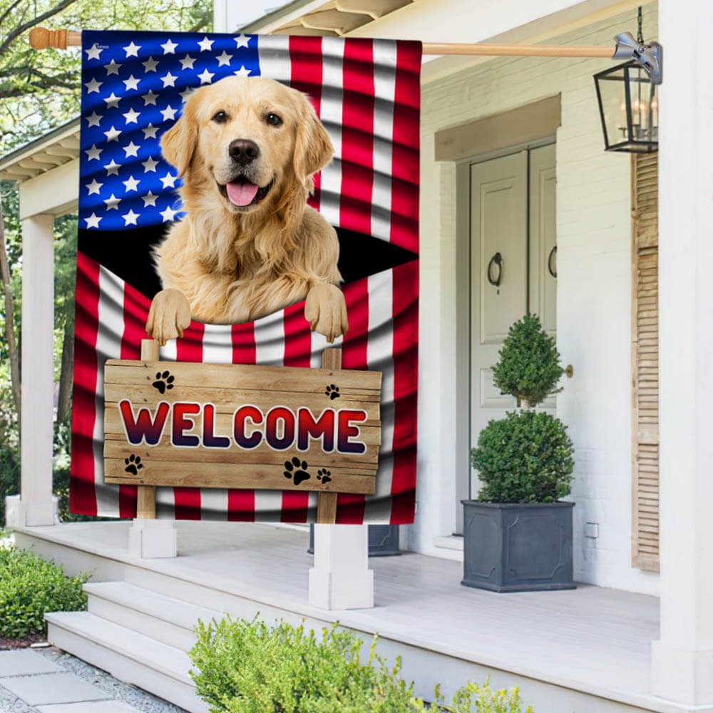 Golden Retriever Welcome Flag with American Flag Design