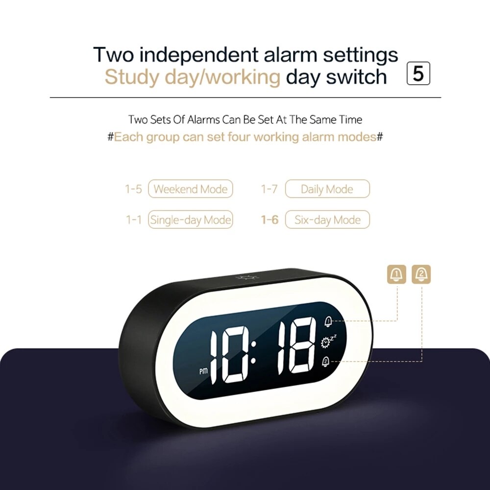Digital Alarm Clock with Dimmable Night Light and Soothing Sounds