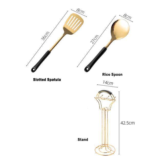 Golden Stainless Steel Kitchen Utensil Set with Ceramic Handles and Stand