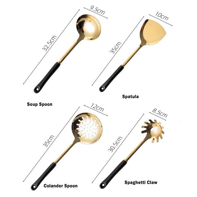 Golden Stainless Steel Kitchen Utensil Set with Ceramic Handles and Stand