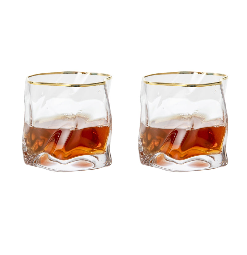 Distorted Texture Whiskey Glass Set with Gold Accents