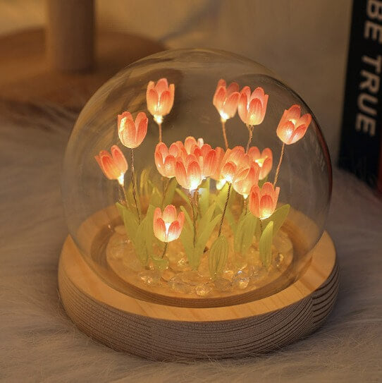 DIY LED Tulip Flowers Night Light with Glass Cloche