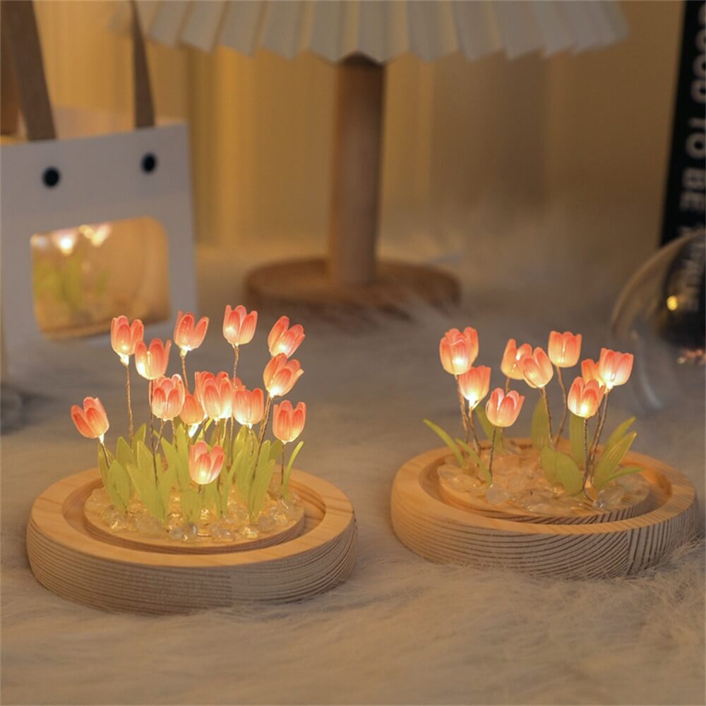 DIY LED Tulip Flowers Night Light with Glass Cloche