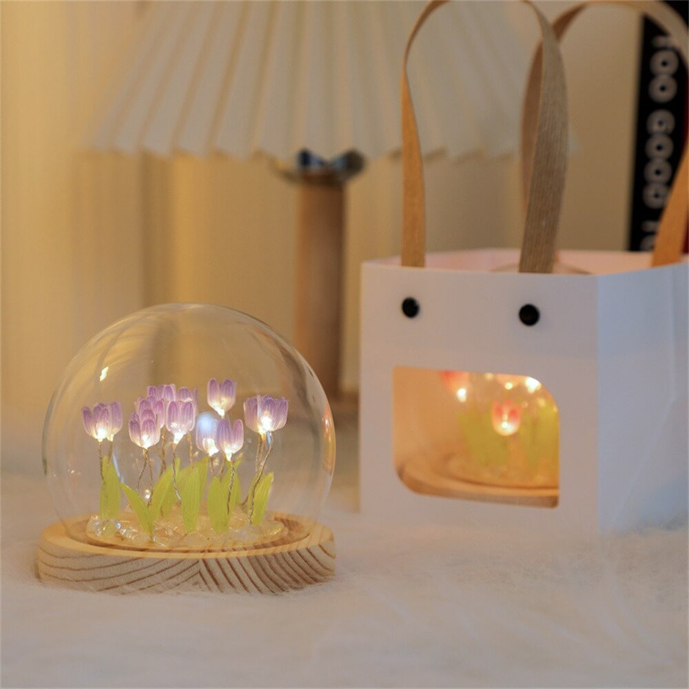 DIY LED Tulip Flowers Night Light with Glass Cloche