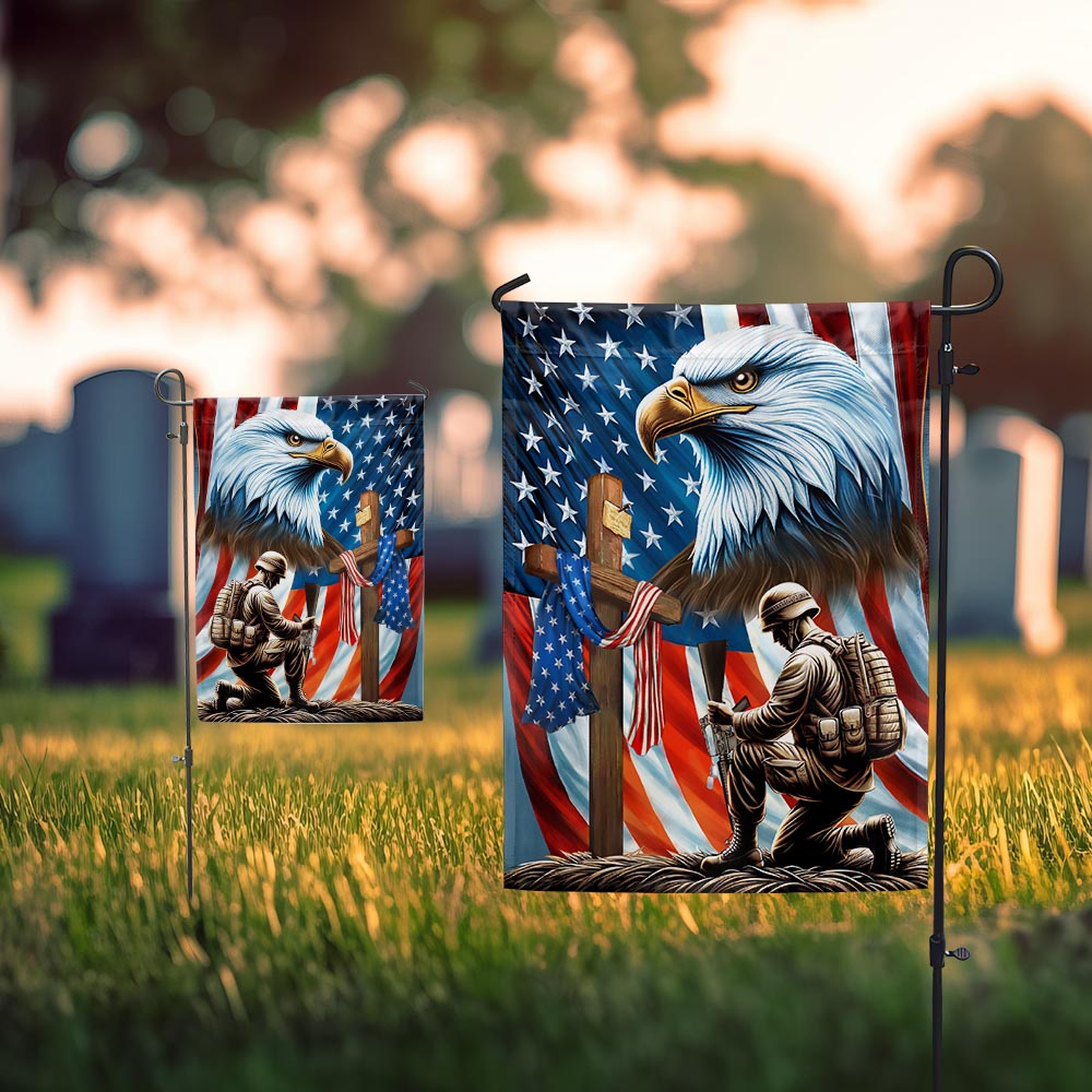 Patriotic Eagle Kneeling Soldier American Flag - Double-Sided Canvas, Memorial Day Decor