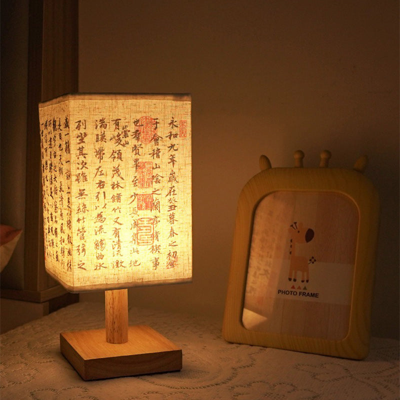Square LED Table Lamp with Wooden Base and Japanese Design