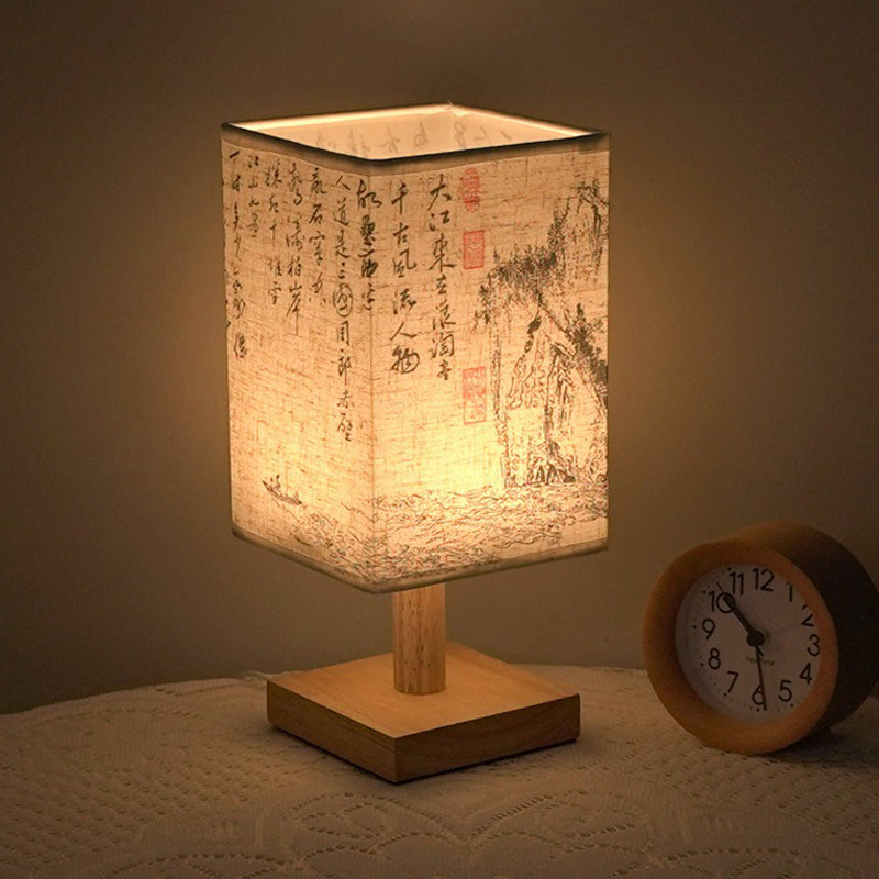 Square LED Table Lamp with Wooden Base and Japanese Design