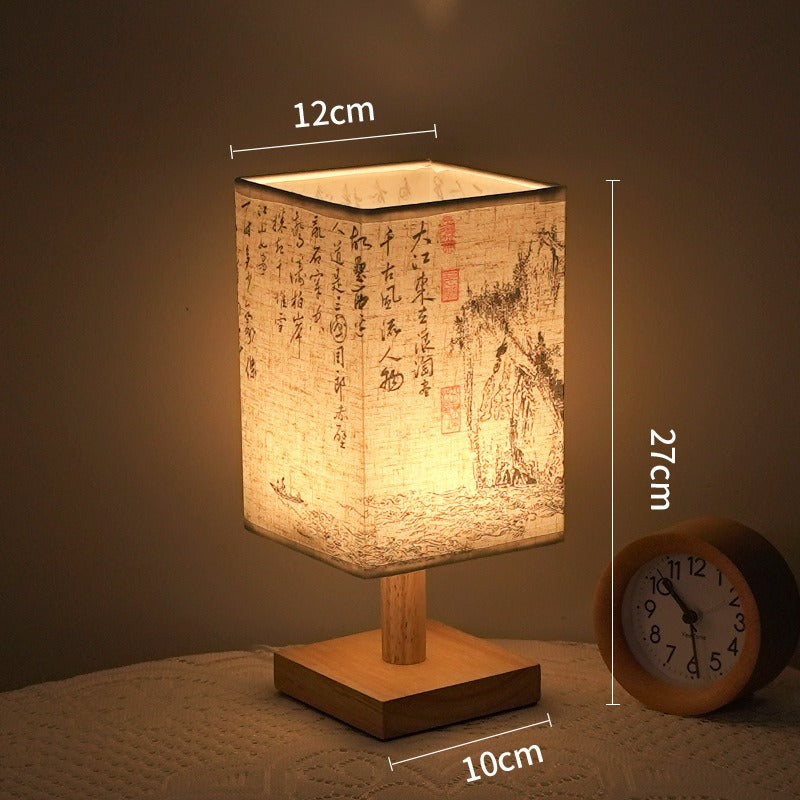 Square LED Table Lamp with Wooden Base and Japanese Design