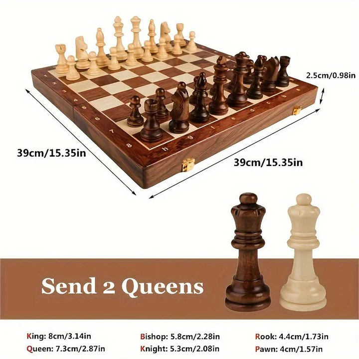 Folding Wooden Chess Set with Hand-Carved Pieces