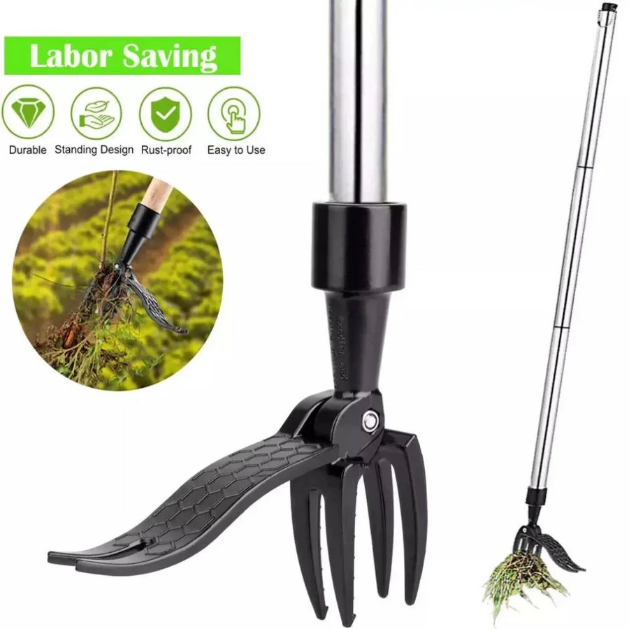 Stand Up Weed Puller Tool with 4 Claw Root Removal and Foot Pedal
