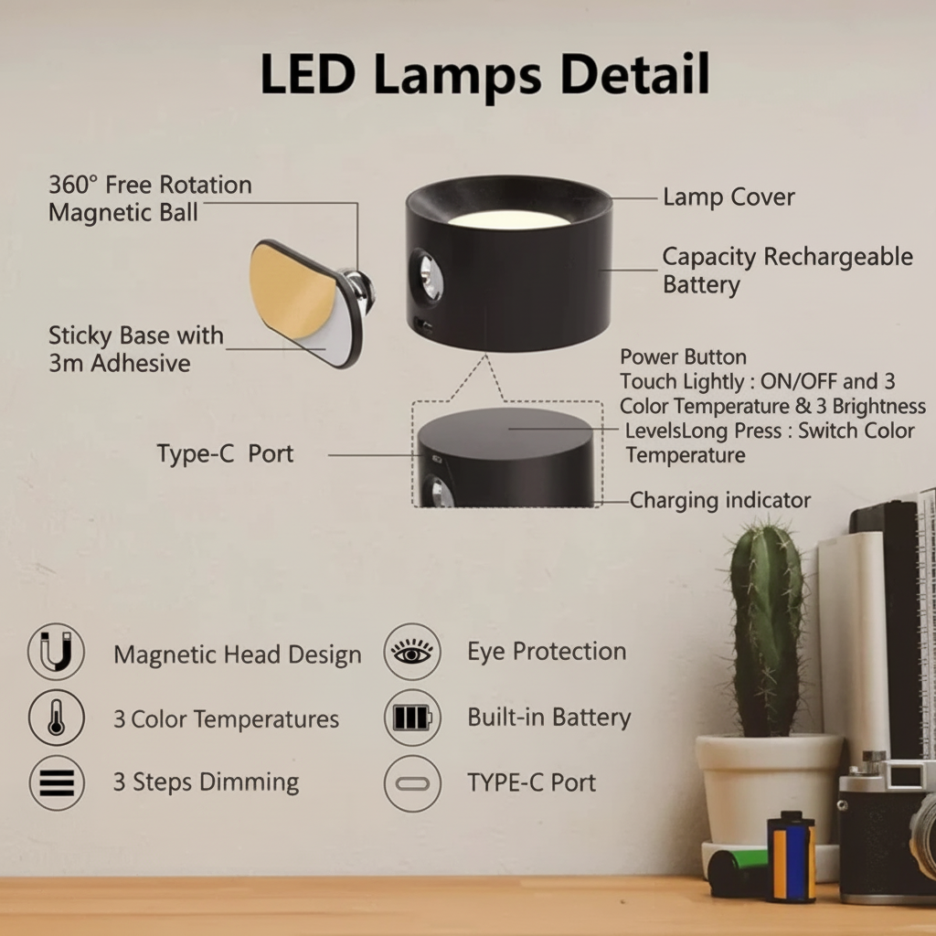 Rechargeable LED Wall Light with Magnetic Mount and Adjustable Brightness