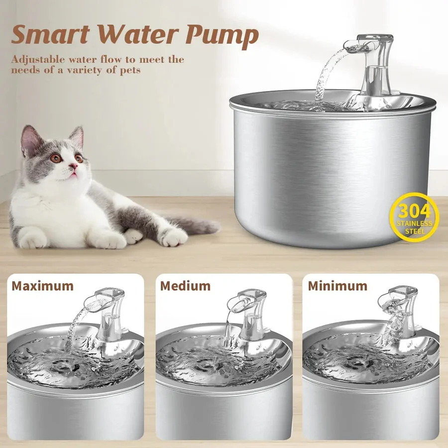 Stainless Steel Cat Water Fountain with Motion Sensor and 4-Layer Filter