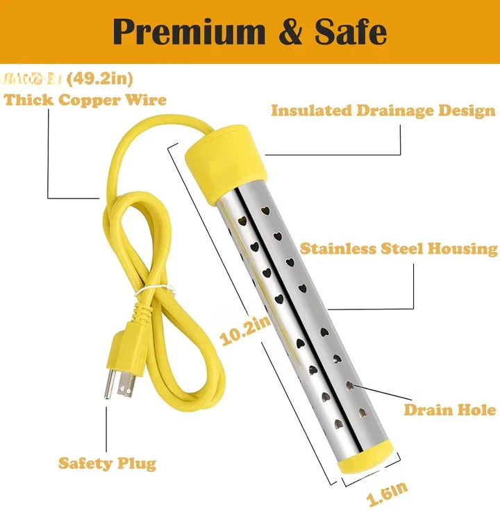 Portable Stainless Steel Immersion Water Heater with Safety Guard