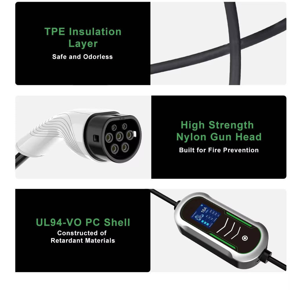 Portable 7kW 32A Type 2 EV Charger with Adjustable Amperage and OLED Display