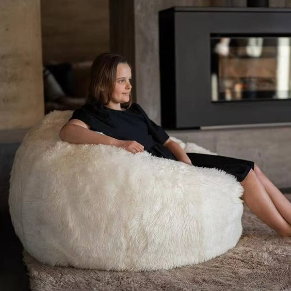 Ultra Soft Fluffy Faux Fur Bean Bag Cover for Kids and Adults, Adjustable Unfilled Pouf with Vegan Leather Handle