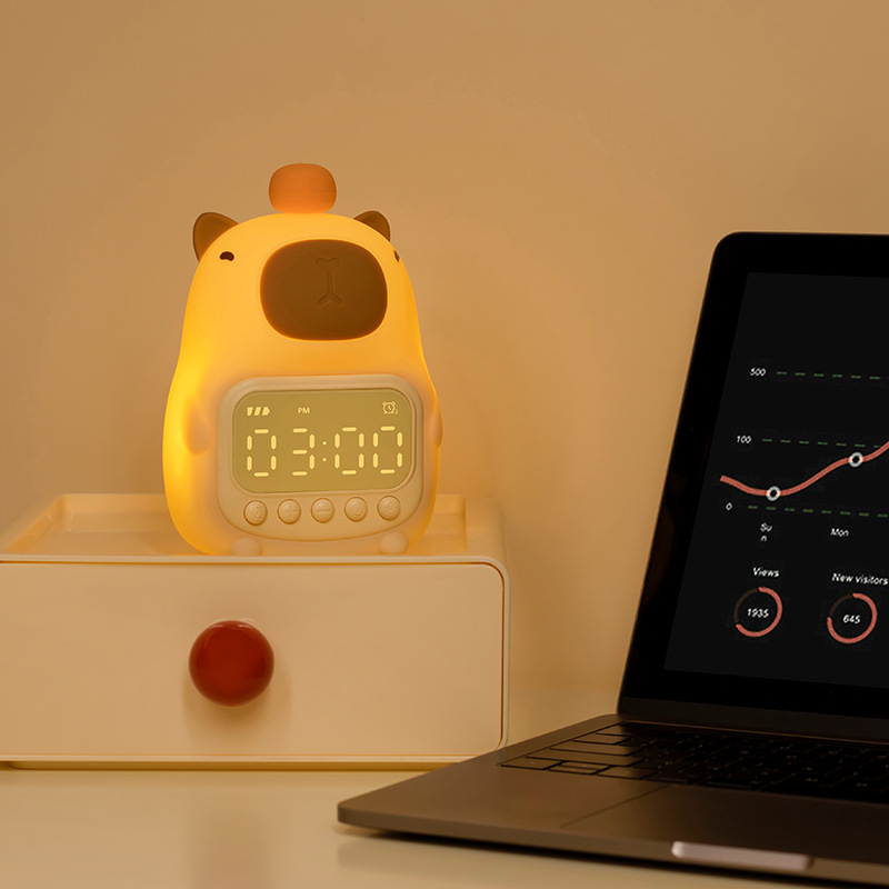 Cute Capybara LED Night Light with Digital Alarm Clock for Kids